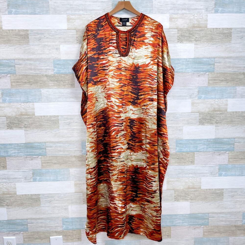 ASHRO Animal Print Kimono Kaftan Maxi Dress Brown Orange Womens Free One Size OS